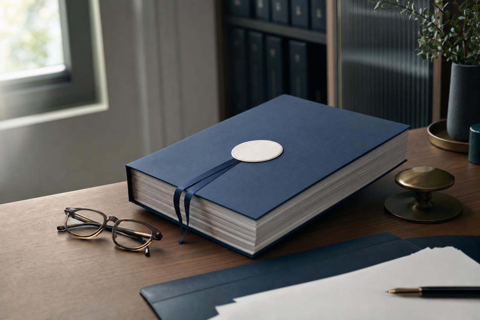 A bound trust deed with a navy cover and ribbon on a walnut desk, beside reading glasses.